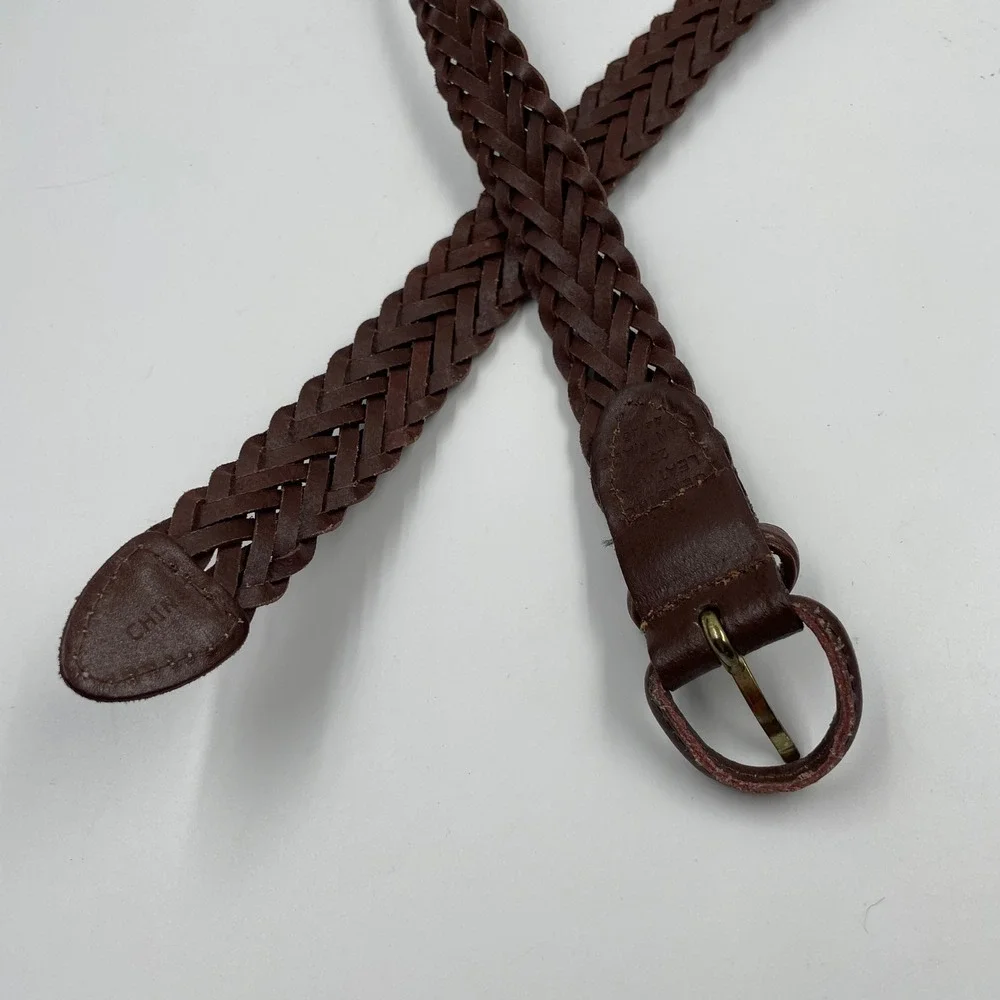 Mens Dark Brown Braided Leather Belt Gold Buckle Woven Casual Size 44/46 48 Inch